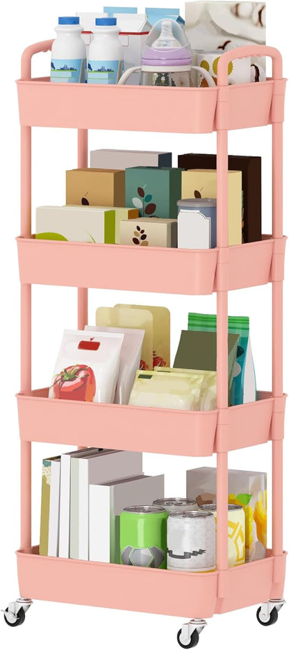 Sywhitta 4-Tier Plastic Rolling Utility Cart with Wheels for Storage, Pink