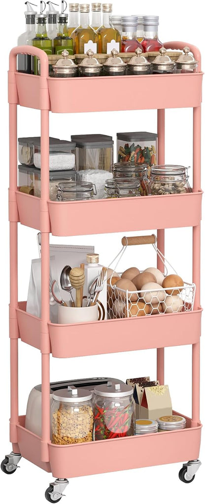 Sywhitta 4-Tier Plastic Rolling Utility Cart with Wheels for Storage, Pink