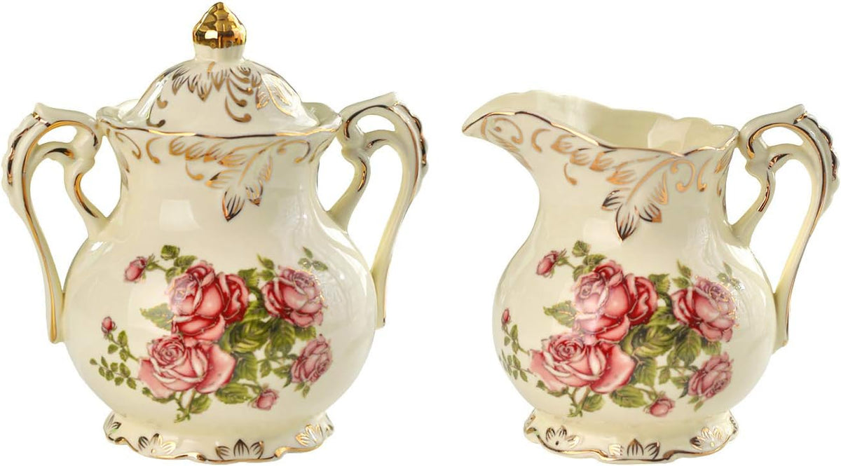 Ceramic Sugar and Creamer Set, Vintage Sugar Bowl (Pink Rose)