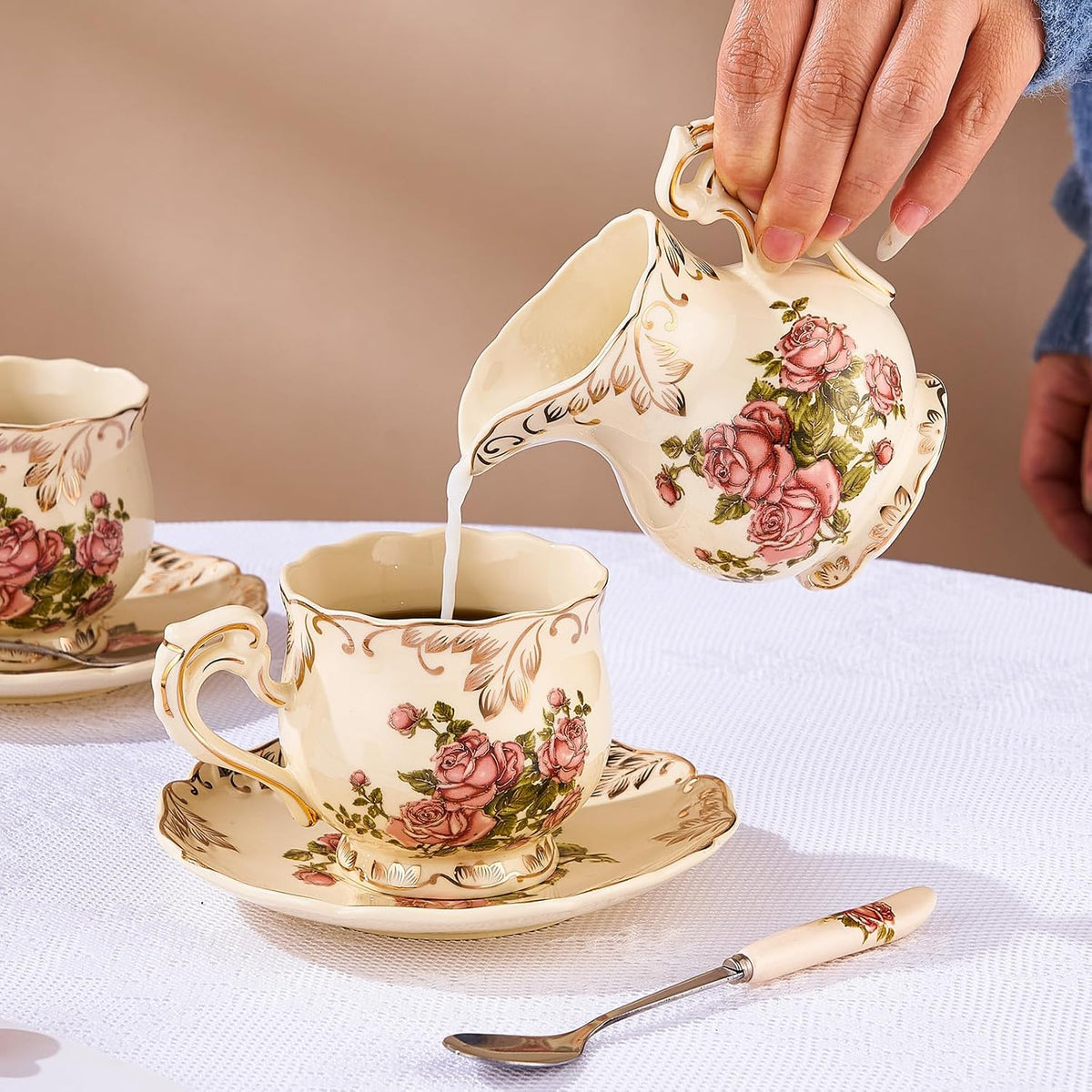 Ceramic Sugar and Creamer Set, Vintage Sugar Bowl (Pink Rose)