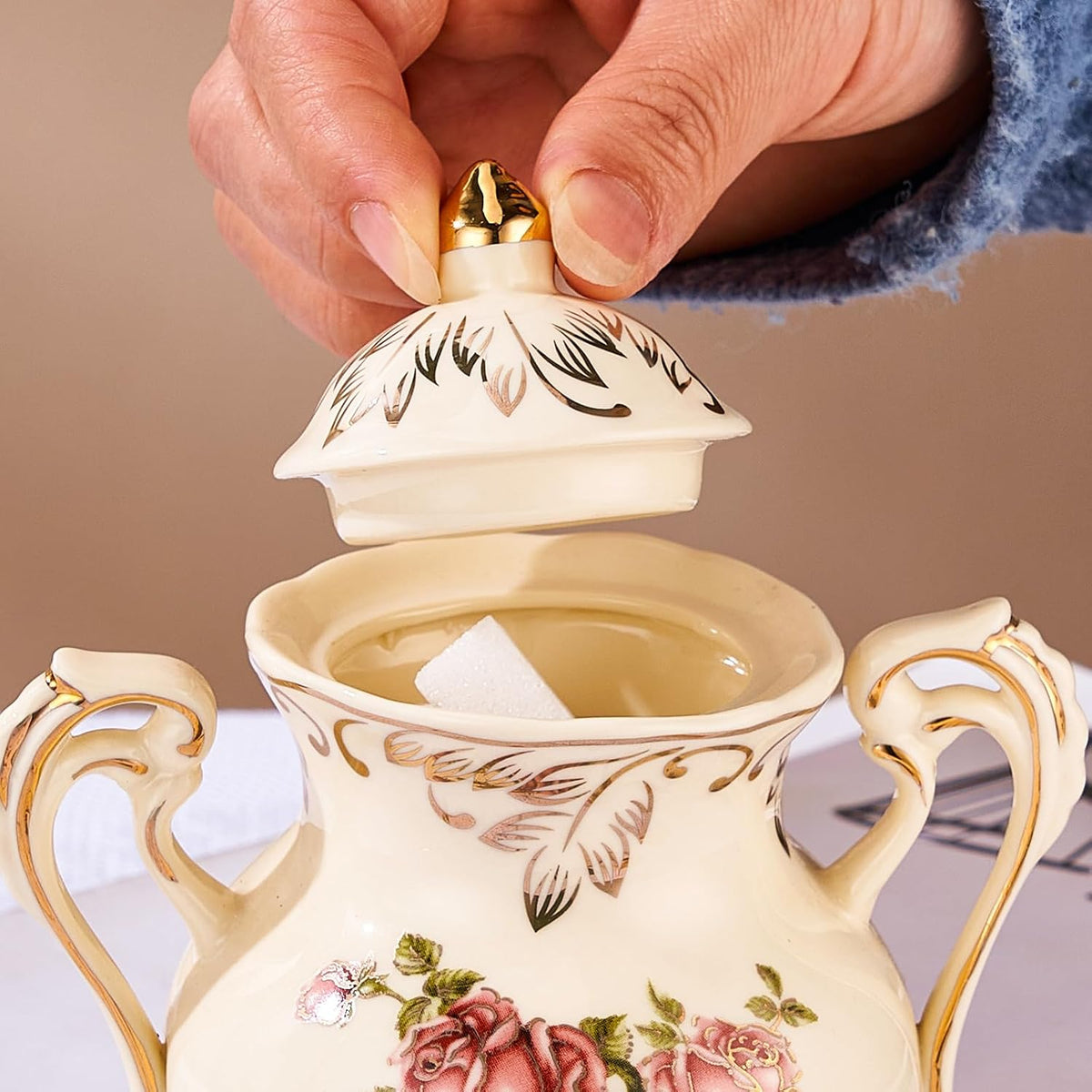 Ceramic Sugar and Creamer Set, Vintage Sugar Bowl (Pink Rose)