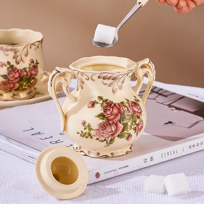 Ceramic Sugar and Creamer Set, Vintage Sugar Bowl (Pink Rose)