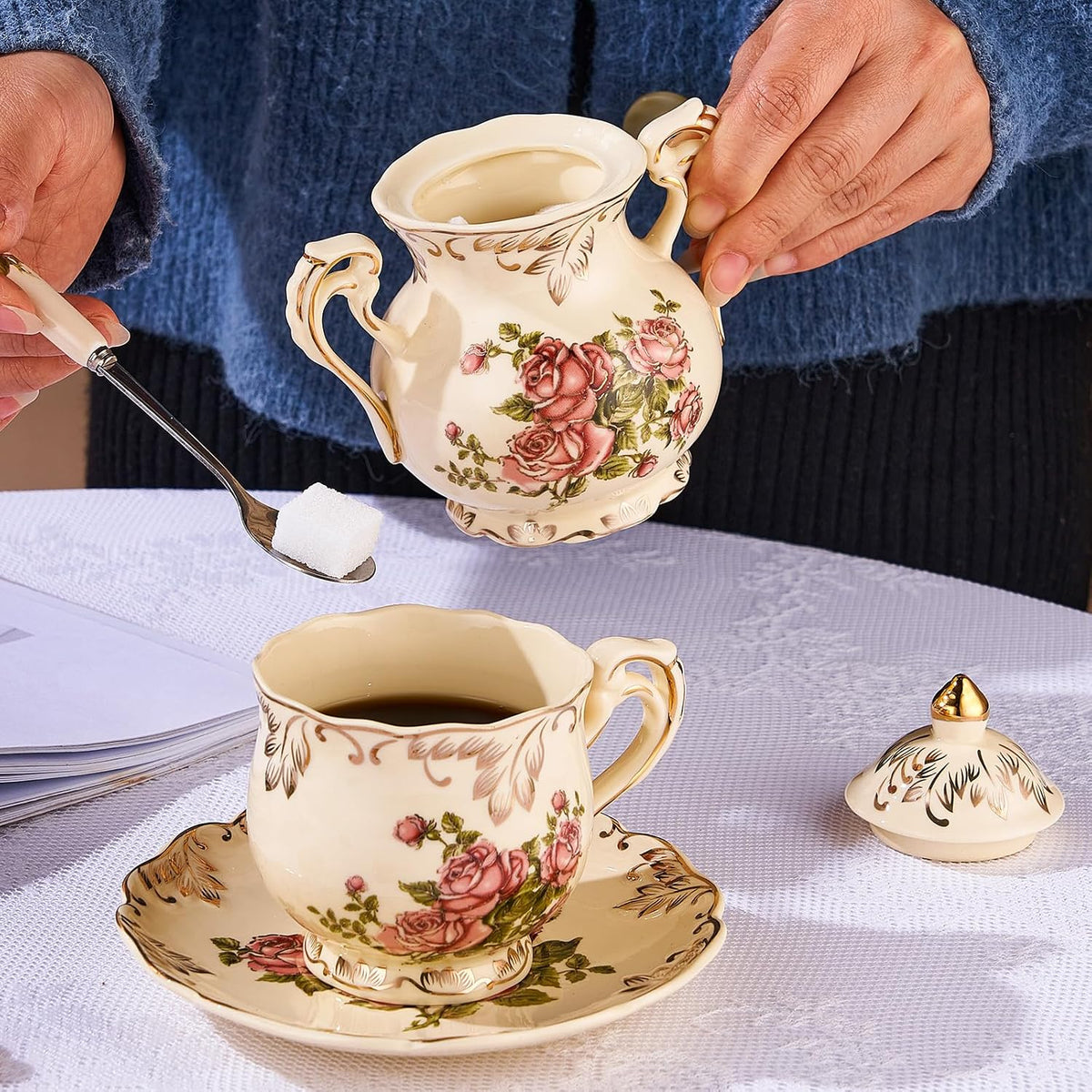 Ceramic Sugar and Creamer Set, Vintage Sugar Bowl (Pink Rose)