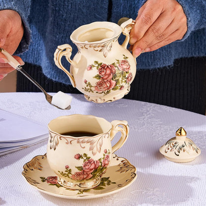 Ceramic Sugar and Creamer Set, Vintage Sugar Bowl (Pink Rose)