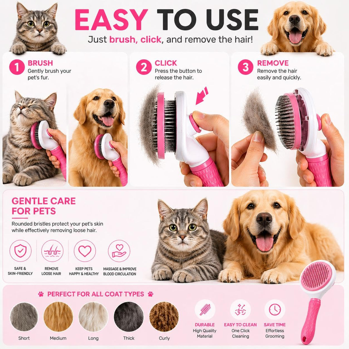 Pet Grooming Deshedding Brush, Self-Cleaning Massaging Brush for Dogs and Cats, Short and Long Hair (Pink)