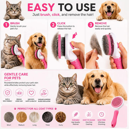 Pet Grooming Deshedding Brush, Self-Cleaning Massaging Brush for Dogs and Cats, Short and Long Hair (Pink)