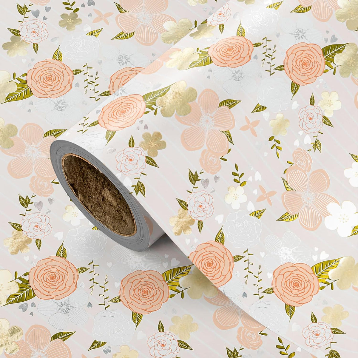 Wedding Wrapping Paper Roll, Pink Rose Flower Gift Wrap Paper with Gold Foil for Bridal Shower, Engagement, Anniversary, Wedding, Mother’s Day, 17 in x 9.8 ft