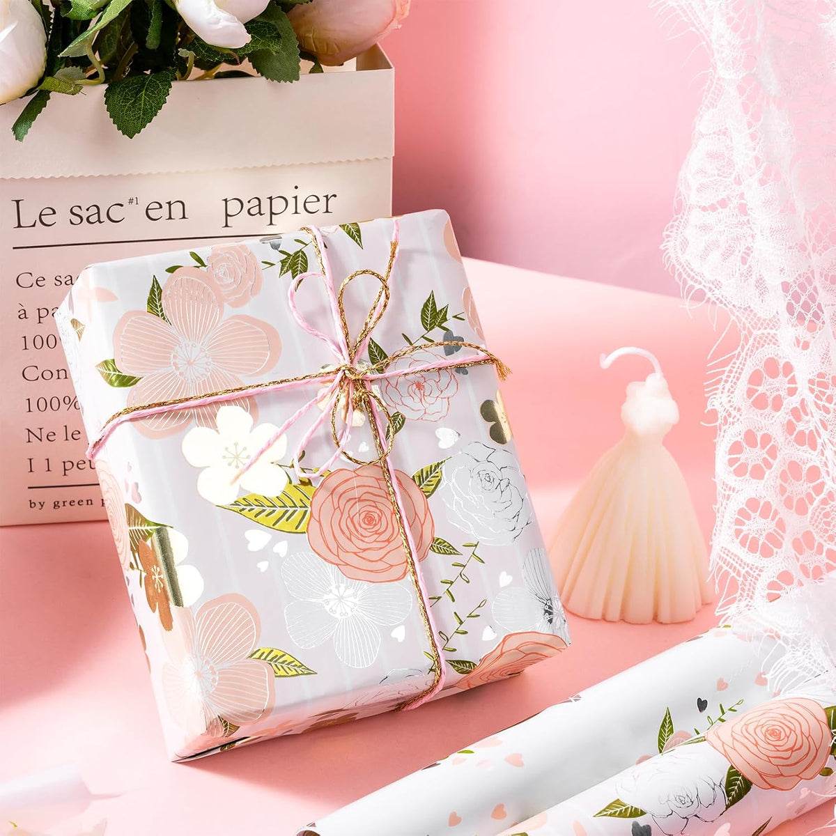 Wedding Wrapping Paper Roll, Pink Rose Flower Gift Wrap Paper with Gold Foil for Bridal Shower, Engagement, Anniversary, Wedding, Mother’s Day, 17 in x 9.8 ft