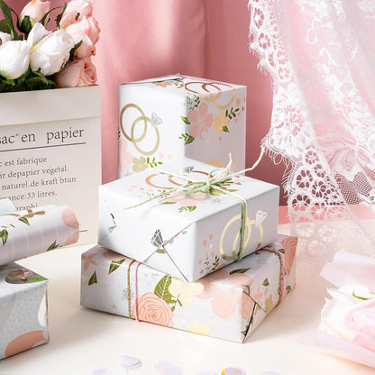 Wedding Wrapping Paper Roll, Pink Rose Flower Gift Wrap Paper with Gold Foil for Bridal Shower, Engagement, Anniversary, Wedding, Mother’s Day, 17 in x 9.8 ft