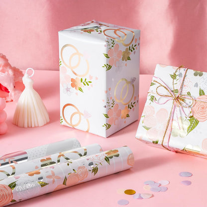 Wedding Wrapping Paper Roll, Pink Rose Flower Gift Wrap Paper with Gold Foil for Bridal Shower, Engagement, Anniversary, Wedding, Mother’s Day, 17 in x 9.8 ft