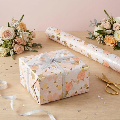 Wedding Wrapping Paper Roll, Pink Rose Flower Gift Wrap Paper with Gold Foil for Bridal Shower, Engagement, Anniversary, Wedding, Mother’s Day, 17 in x 9.8 ft
