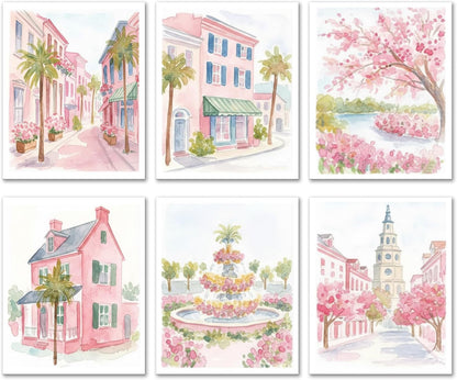 Preppy Pastel Pink Charleston Wall Art, Aesthetic Coquette South Carolina Poster For Girl, Trendy Girly Church Street Wall Decor For Bedroom Dorm College Nursery, Set Of 6 -A14