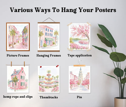 Preppy Pastel Pink Charleston Wall Art, Aesthetic Coquette South Carolina Poster For Girl, Trendy Girly Church Street Wall Decor For Bedroom Dorm College Nursery, Set Of 6 -A14