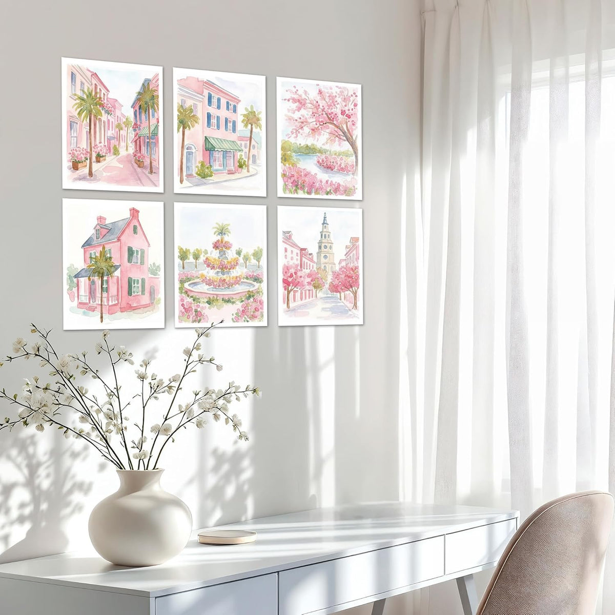 Preppy Pastel Pink Charleston Wall Art, Aesthetic Coquette South Carolina Poster For Girl, Trendy Girly Church Street Wall Decor For Bedroom Dorm College Nursery, Set Of 6 -A14