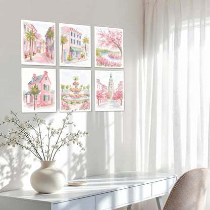 Preppy Pastel Pink Charleston Wall Art, Aesthetic Coquette South Carolina Poster For Girl, Trendy Girly Church Street Wall Decor For Bedroom Dorm College Nursery, Set Of 6 -A14