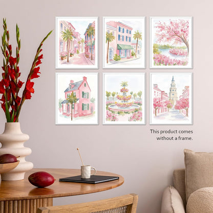 Preppy Pastel Pink Charleston Wall Art, Aesthetic Coquette South Carolina Poster For Girl, Trendy Girly Church Street Wall Decor For Bedroom Dorm College Nursery, Set Of 6 -A14