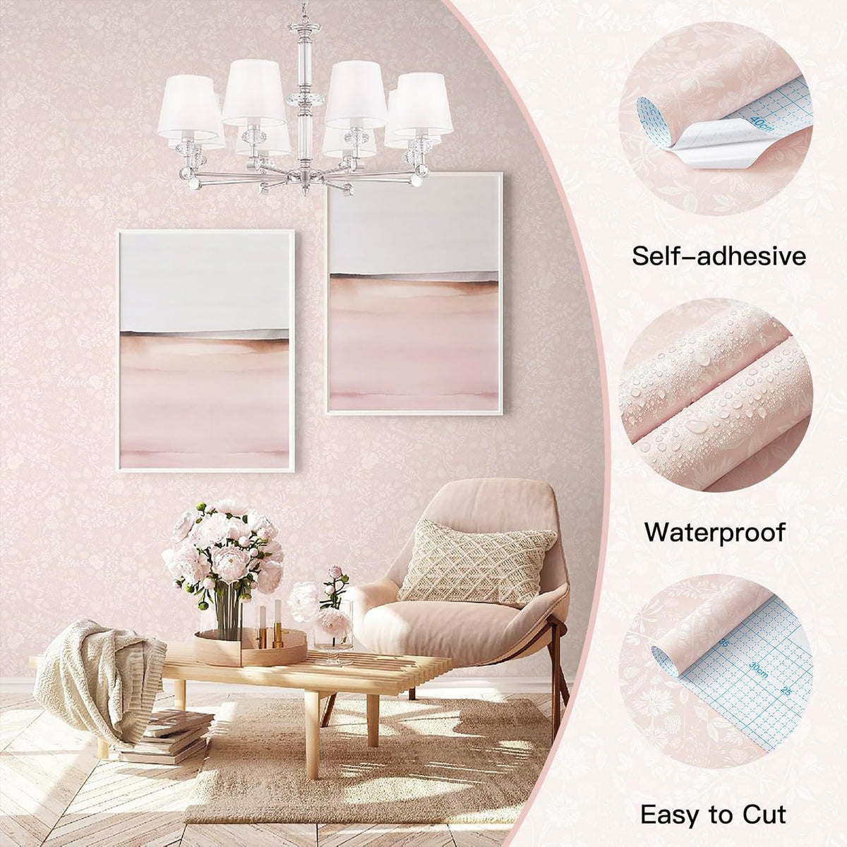 Pink and White Peel and Stick Wallpaper Floral Wallpaper Slef Adhesive Removable Waterproof Contact Paper Boho Wall Paper for Living Room Bedroom Stair Kitchen Bathroom 17.3''x78.7''