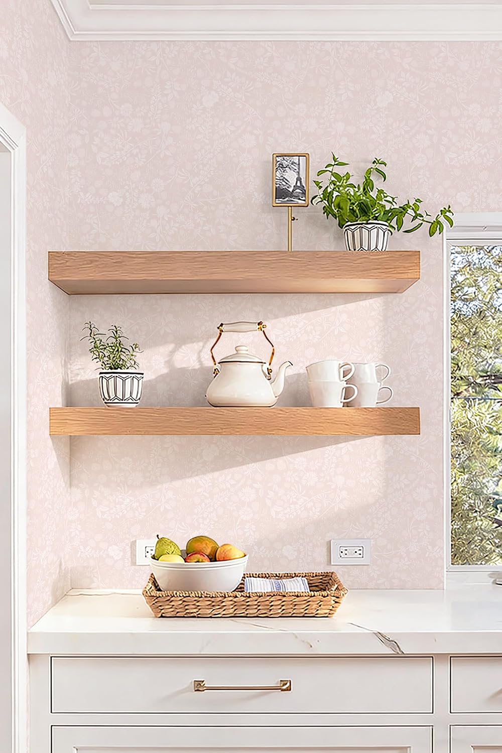 Pink and White Peel and Stick Wallpaper Floral Wallpaper Slef Adhesive Removable Waterproof Contact Paper Boho Wall Paper for Living Room Bedroom Stair Kitchen Bathroom 17.3''x78.7''