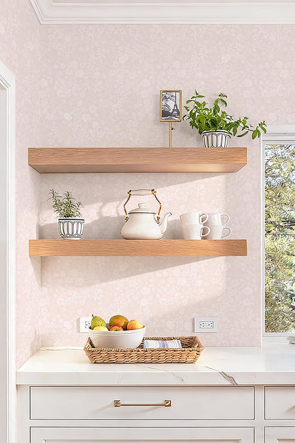 Pink and White Peel and Stick Wallpaper Floral Wallpaper Slef Adhesive Removable Waterproof Contact Paper Boho Wall Paper for Living Room Bedroom Stair Kitchen Bathroom 17.3''x78.7''