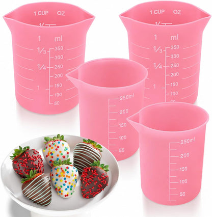 Silicone Cups for Melting Chocolate, 4PCS Pink Silicone Measuring Cups with 1 Cup & 1.5 Cup Capacity, Reusable Baking Supplies for DIY Chocolate Molds, Melting Chocolate