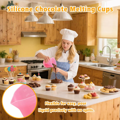 Silicone Cups for Melting Chocolate, 4PCS Pink Silicone Measuring Cups with 1 Cup & 1.5 Cup Capacity, Reusable Baking Supplies for DIY Chocolate Molds, Melting Chocolate