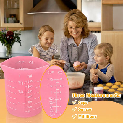 Silicone Cups for Melting Chocolate, 4PCS Pink Silicone Measuring Cups with 1 Cup & 1.5 Cup Capacity, Reusable Baking Supplies for DIY Chocolate Molds, Melting Chocolate