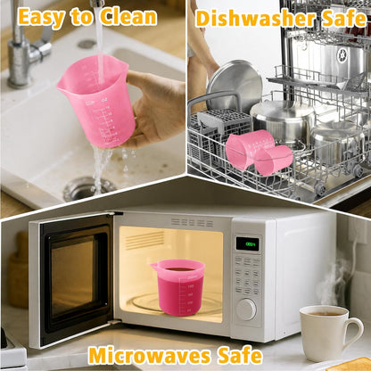 Silicone Cups for Melting Chocolate, 4PCS Pink Silicone Measuring Cups with 1 Cup & 1.5 Cup Capacity, Reusable Baking Supplies for DIY Chocolate Molds, Melting Chocolate