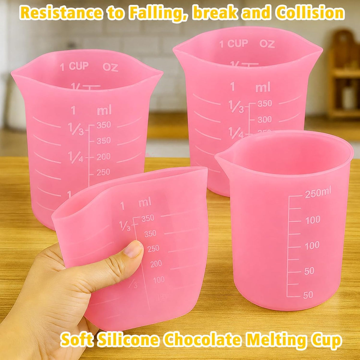 Silicone Cups for Melting Chocolate, 4PCS Pink Silicone Measuring Cups with 1 Cup & 1.5 Cup Capacity, Reusable Baking Supplies for DIY Chocolate Molds, Melting Chocolate