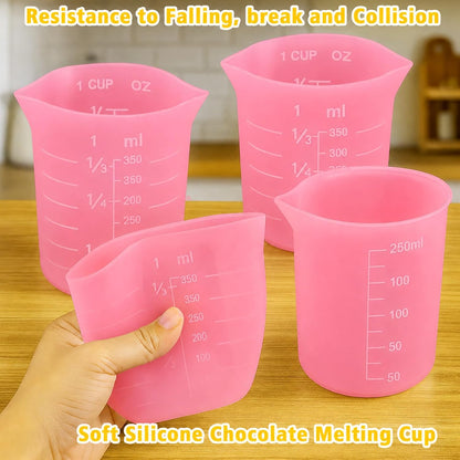 Silicone Cups for Melting Chocolate, 4PCS Pink Silicone Measuring Cups with 1 Cup & 1.5 Cup Capacity, Reusable Baking Supplies for DIY Chocolate Molds, Melting Chocolate