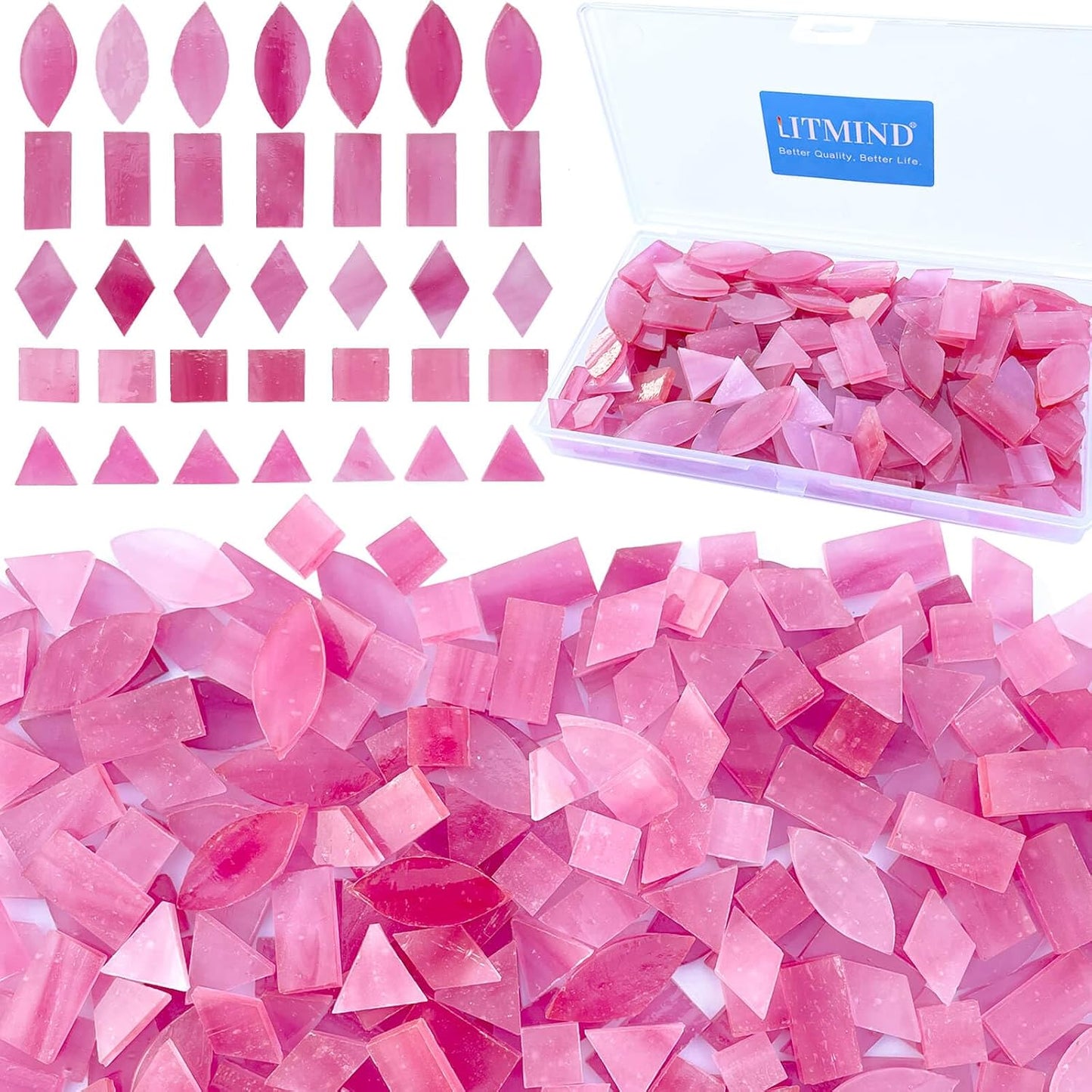 ICY Pink Stained Glass Mosaic Tiles - 240 Pieces in 5 Shapes (Rectangle, Triangle, Rhombus, Square, Leaf) for Crafts & Mosaic Projects