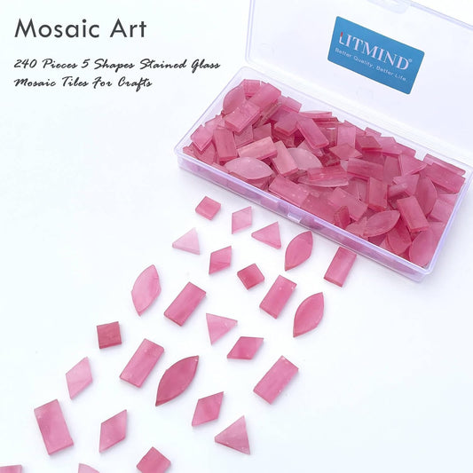 ICY Pink Stained Glass Mosaic Tiles - 240 Pieces in 5 Shapes (Rectangle, Triangle, Rhombus, Square, Leaf) for Crafts & Mosaic Projects