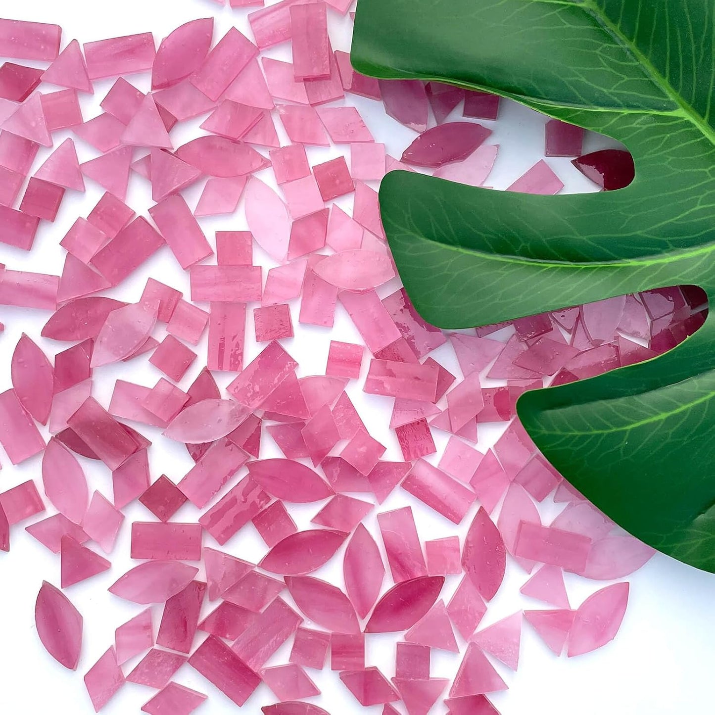 ICY Pink Stained Glass Mosaic Tiles - 240 Pieces in 5 Shapes (Rectangle, Triangle, Rhombus, Square, Leaf) for Crafts & Mosaic Projects