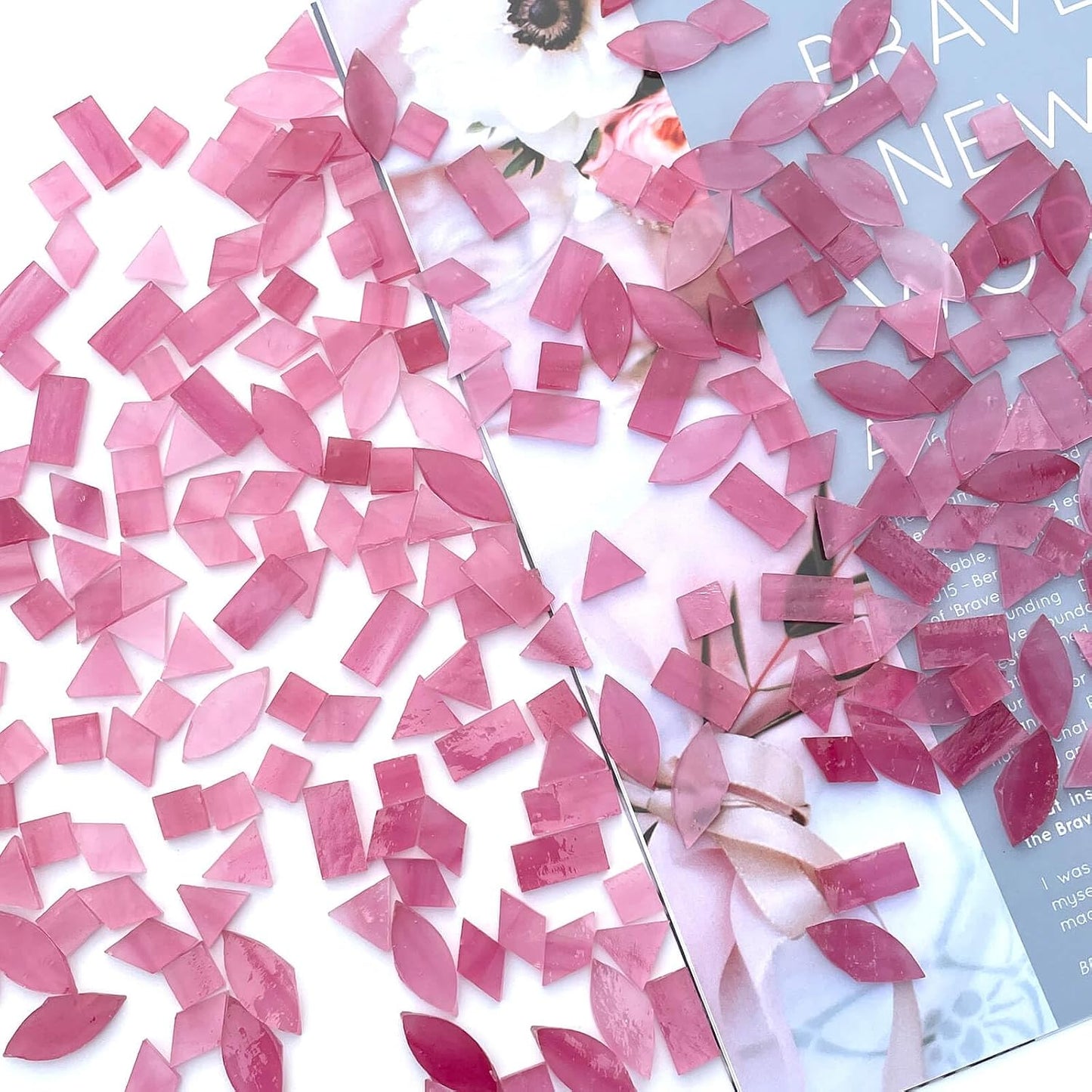 ICY Pink Stained Glass Mosaic Tiles - 240 Pieces in 5 Shapes (Rectangle, Triangle, Rhombus, Square, Leaf) for Crafts & Mosaic Projects