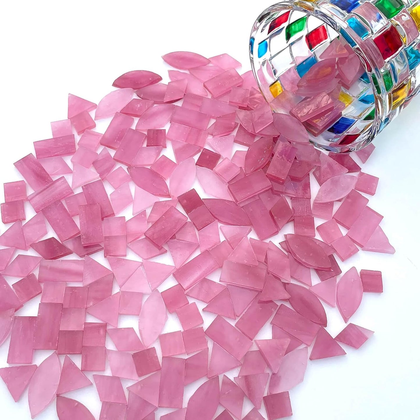 ICY Pink Stained Glass Mosaic Tiles - 240 Pieces in 5 Shapes (Rectangle, Triangle, Rhombus, Square, Leaf) for Crafts & Mosaic Projects