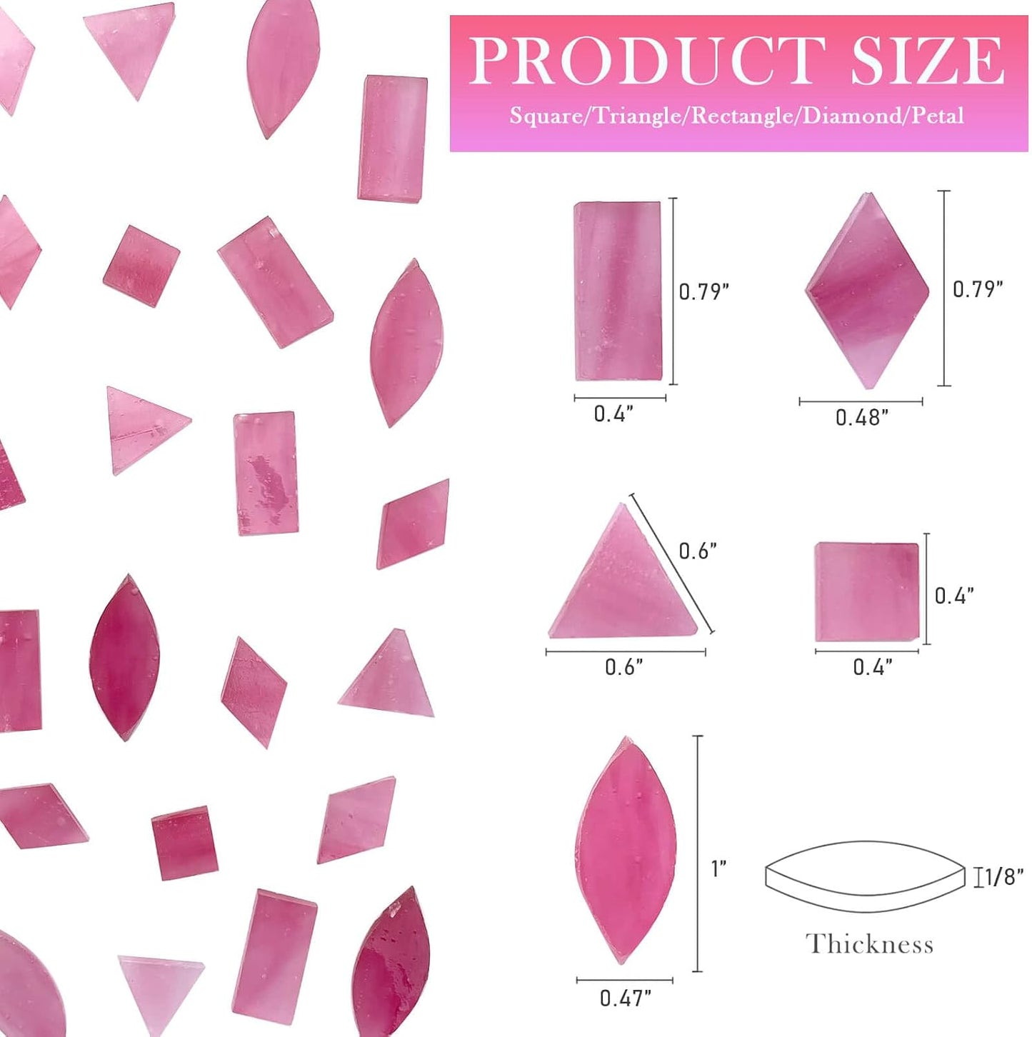 ICY Pink Stained Glass Mosaic Tiles - 240 Pieces in 5 Shapes (Rectangle, Triangle, Rhombus, Square, Leaf) for Crafts & Mosaic Projects