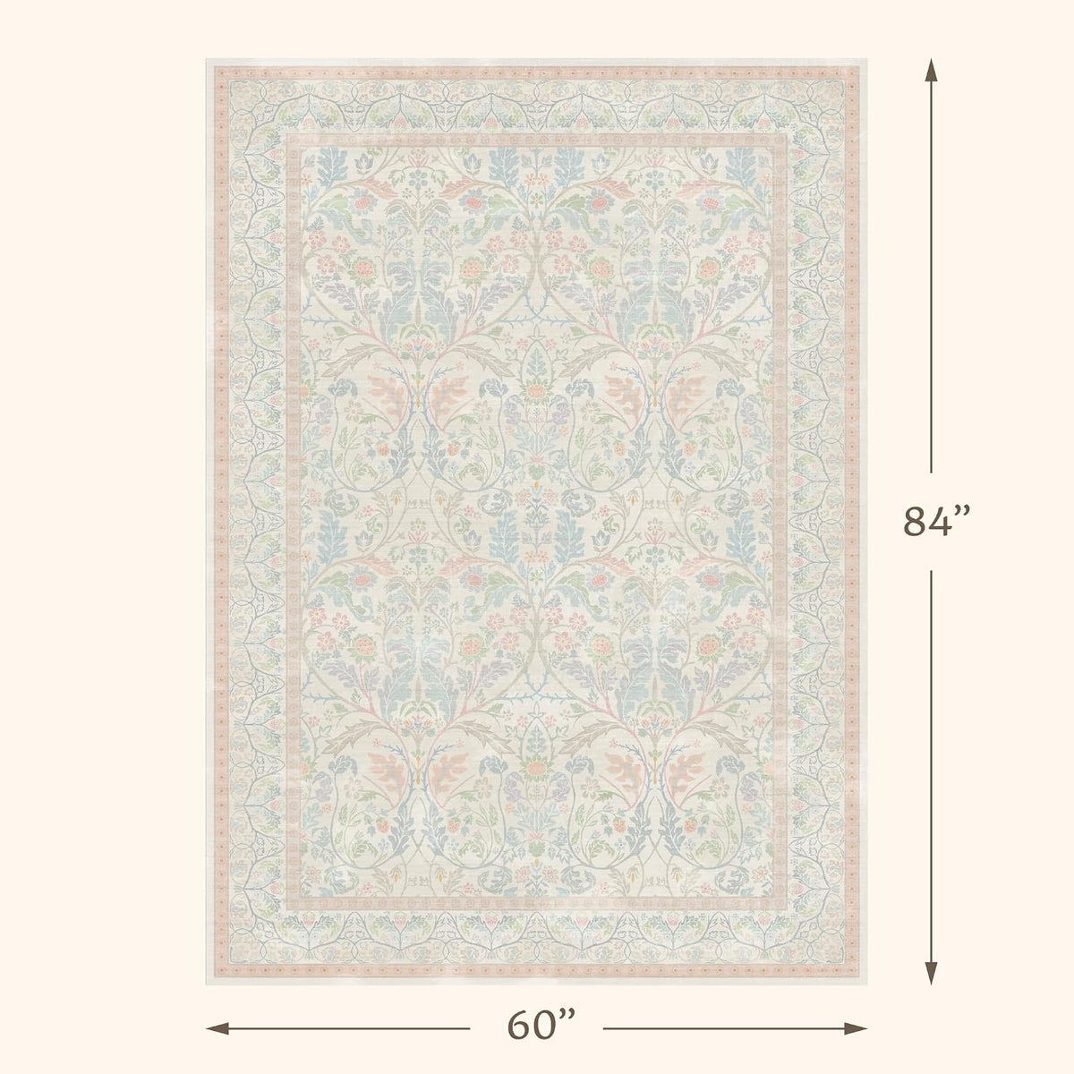 Washable Blue and Pink Rug 5x7 - Baby Girls Nursery Rug Non Slip, Soft Pastel Kids Playroom Decor Carpet, Light Blue and Green Oushak Floral Bedroom Living Room Dorm Carpet (Green and Pink)