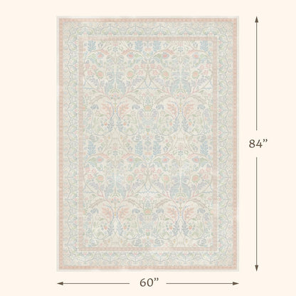 Washable Blue and Pink Rug 5x7 - Baby Girls Nursery Rug Non Slip, Soft Pastel Kids Playroom Decor Carpet, Light Blue and Green Oushak Floral Bedroom Living Room Dorm Carpet (Green and Pink)