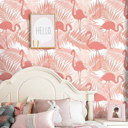 Pink Flamingo Wallpaper Peel and Stick Pink and White Wall Paper Tropical Palm Leaf Wallpaper Flamingo Contact Paper Peel and Stick for Walls Cabinets Bathroom Girls Room Bedroom 17.5"x80"