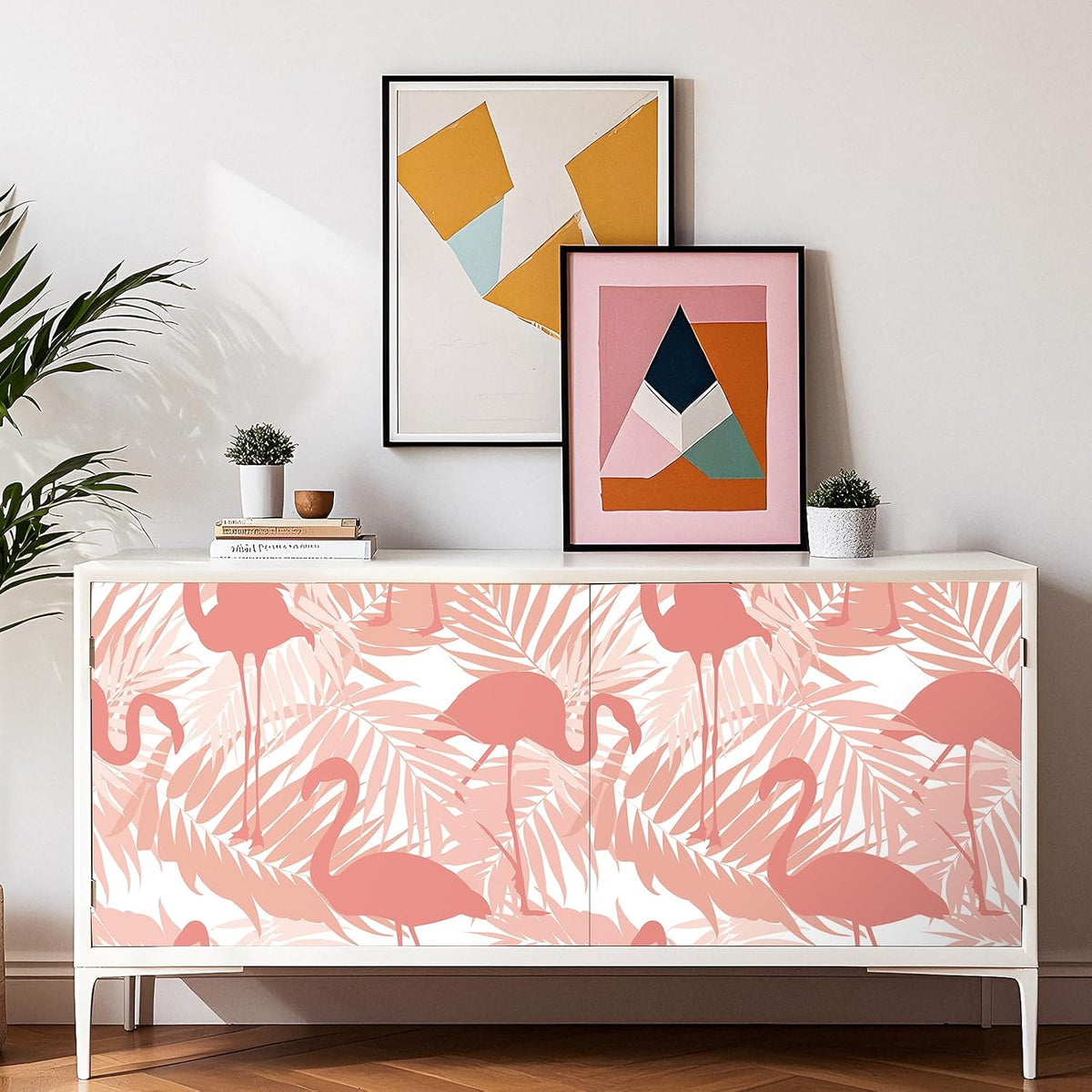 Pink Flamingo Wallpaper Peel and Stick Pink and White Wall Paper Tropical Palm Leaf Wallpaper Flamingo Contact Paper Peel and Stick for Walls Cabinets Bathroom Girls Room Bedroom 17.5"x80"