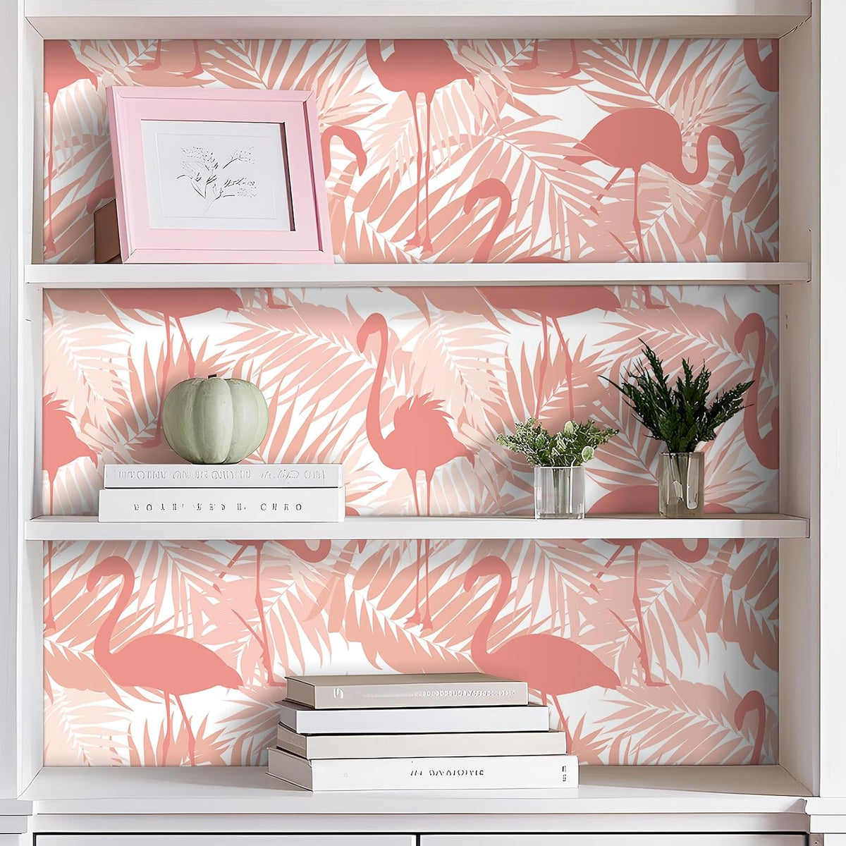 Pink Flamingo Wallpaper Peel and Stick Pink and White Wall Paper Tropical Palm Leaf Wallpaper Flamingo Contact Paper Peel and Stick for Walls Cabinets Bathroom Girls Room Bedroom 17.5"x80"