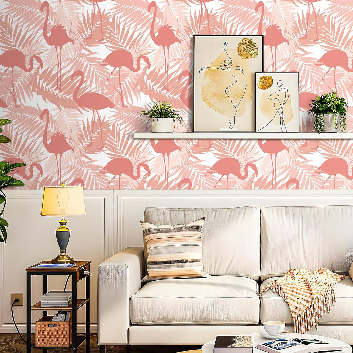 Pink Flamingo Wallpaper Peel and Stick Pink and White Wall Paper Tropical Palm Leaf Wallpaper Flamingo Contact Paper Peel and Stick for Walls Cabinets Bathroom Girls Room Bedroom 17.5"x80"