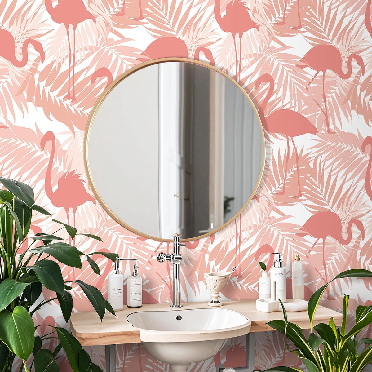 Pink Flamingo Wallpaper Peel and Stick Pink and White Wall Paper Tropical Palm Leaf Wallpaper Flamingo Contact Paper Peel and Stick for Walls Cabinets Bathroom Girls Room Bedroom 17.5"x80"