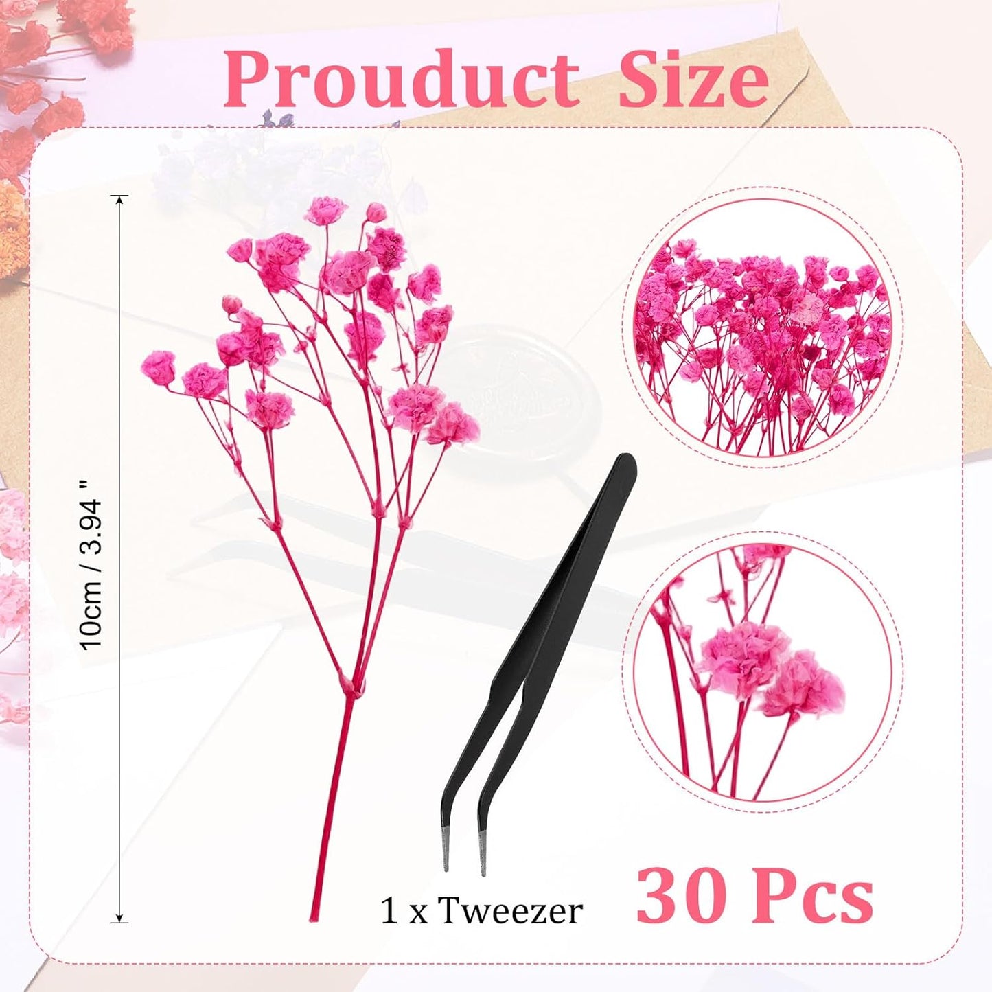 Mini Dried Gypsophila Flower Kit, 30Pcs 4 Inch Rose Pink Natural Pressed Floral Bundles with Tweezer for DIY Resin Crafts Gift Wedding Christmas Card Decor Flower Bouquets