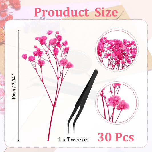 Mini Dried Gypsophila Flower Kit, 30Pcs 4 Inch Rose Pink Natural Pressed Floral Bundles with Tweezer for DIY Resin Crafts Gift Wedding Christmas Card Decor Flower Bouquets