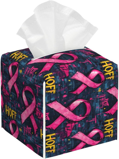 Pink Ribbon Graffiti Print Tissue Box Cover Holder Cube, Foldable Leather Tissue Box Cover Square, Modern Decorative Organizer for Tabletop Bathroom Car Office Desk Decor