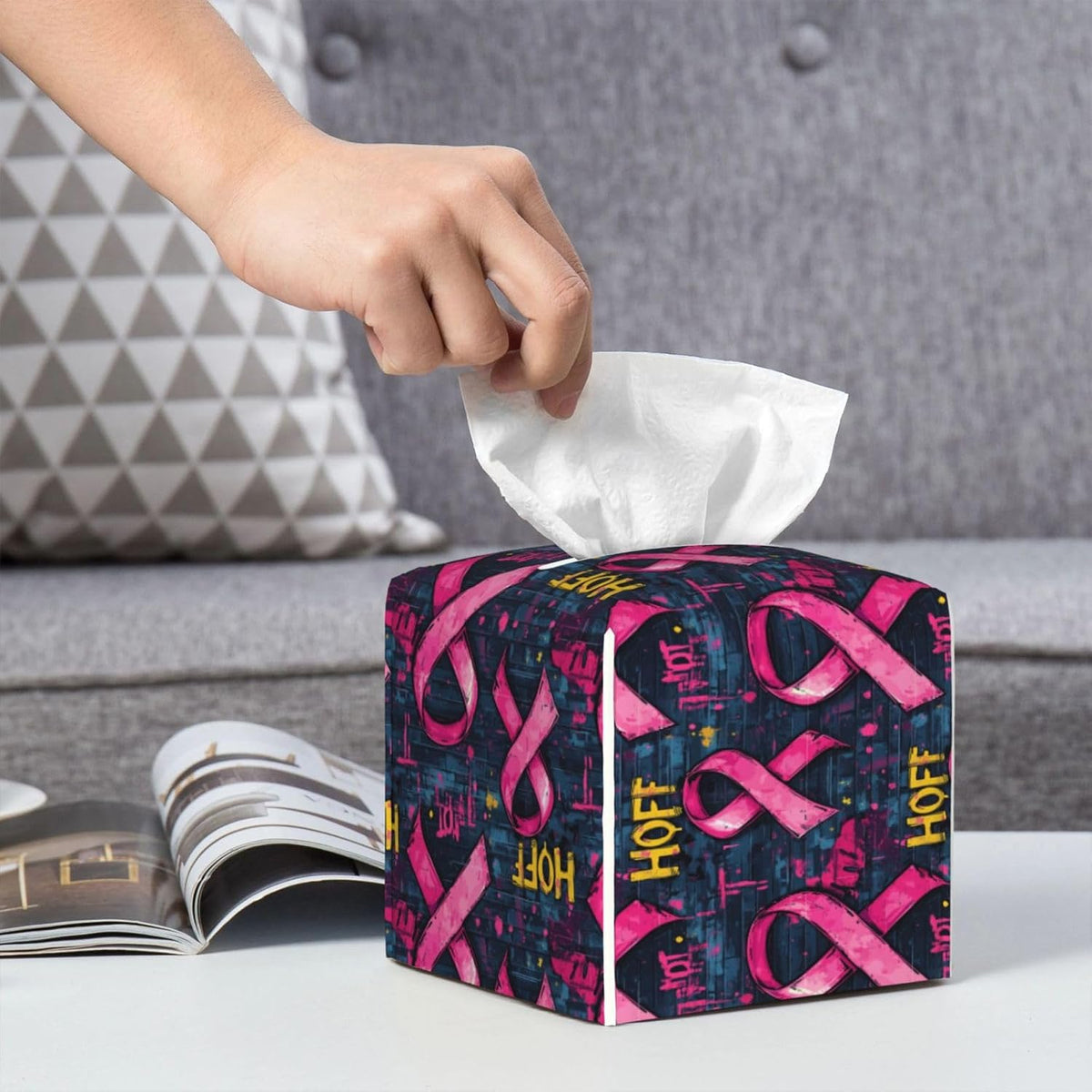 Pink Ribbon Graffiti Print Tissue Box Cover Holder Cube, Foldable Leather Tissue Box Cover Square, Modern Decorative Organizer for Tabletop Bathroom Car Office Desk Decor