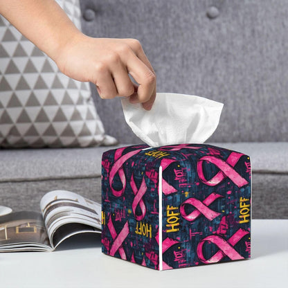 Pink Ribbon Graffiti Print Tissue Box Cover Holder Cube, Foldable Leather Tissue Box Cover Square, Modern Decorative Organizer for Tabletop Bathroom Car Office Desk Decor