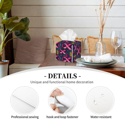 Pink Ribbon Graffiti Print Tissue Box Cover Holder Cube, Foldable Leather Tissue Box Cover Square, Modern Decorative Organizer for Tabletop Bathroom Car Office Desk Decor