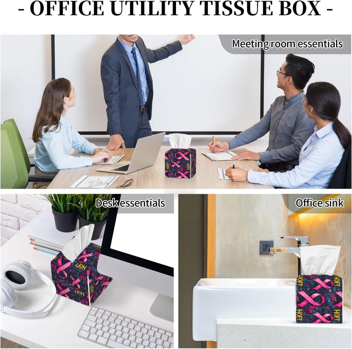 Pink Ribbon Graffiti Print Tissue Box Cover Holder Cube, Foldable Leather Tissue Box Cover Square, Modern Decorative Organizer for Tabletop Bathroom Car Office Desk Decor