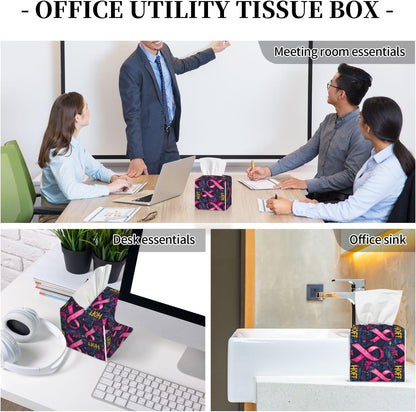 Pink Ribbon Graffiti Print Tissue Box Cover Holder Cube, Foldable Leather Tissue Box Cover Square, Modern Decorative Organizer for Tabletop Bathroom Car Office Desk Decor